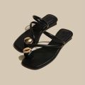 Ruoki 2024 summer new black square toe slippers women's low heel light wear clip-toe flat casual slippers.