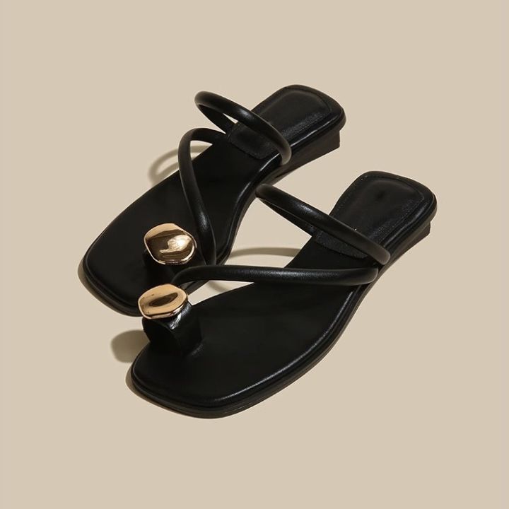 Ruoki 2024 summer new black square toe slippers women's low heel light wear clip-toe flat casual slippers