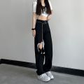 Black Lace Up Ripped High Waisted Jeans Korean Fashion Vibe Style Denim Trousers Streetwear Y2k Jeans Women Baggy Wide Leg Pants. 