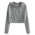 Solid Zipper Women's Crop Tops Sweatshirt Casual Pocket Long Sleeve Pullover Hooded Drawstinhg Hoodies For Girls Fashion Свитшот. 