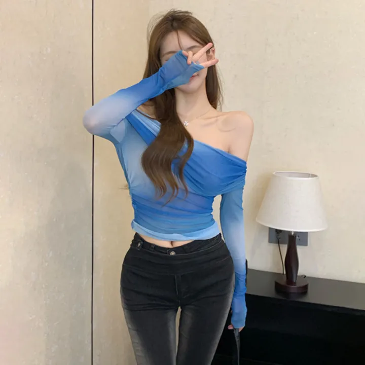 Women%20Crop%20T-shirts%20Ruffles%20Mesh%20Patchwork%20Long%20Sleeve%20Tops%20Korean%20Style%20Slim%20Blouse%20Top%20Lady%20Autumn%20Off%20Shoulder%20Tops%20-%20Image%202