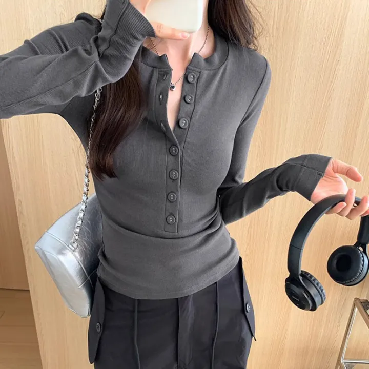 High-Grade%20Button%20T%20T-shirt%20Women's%20Unique%20Half-Open%20Collar%20Top%20Spring%20and%20Autumn%20Tight%20Hot%20Girl%20Shoulder%20Long%20Sleeve%20Solid%20Color%20Bottoming%20Shirt%20-%20Image%204