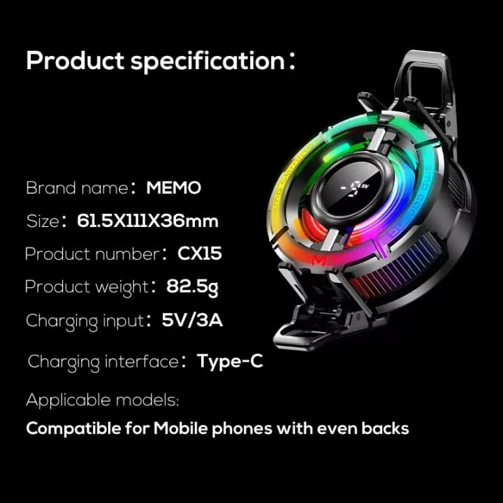 For%20Memo%20CX15%20IceStorm%20Game%20Cooling%20Fan%20L1-5V%20Mode/AI%20Mode%20Phone%20Radiator%20Cooler%20with%20Central%20Temp%20Display%203%20Mode%20RGB(Rainbow,%20Breathing,Gradient)%20Cool%20Light%20-%20Image%207