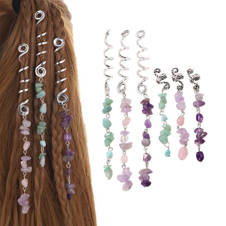 Colorful Stone Pendant Spiral Hairpins Antique Silver Snake Hair Rings Clip for Braids Bohe Ethnic Hair Jewelry Accessories Gift