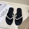 2024 summer pearl rhinestone slippers beach flip-flops ladies wear flat flip-flop sandals slippers. 