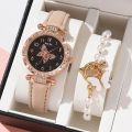 Gorgeous Women's Quartz Watch & Bracelet Set - Unique Diamond Starry Sky Dial Watches for Girls Luxury Stylish Wristwatch.