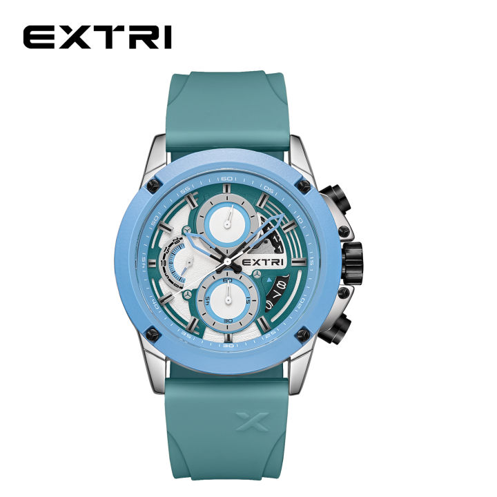 EXTRI Watches for Men Blue Case Rubber Fashion High Quality Multifunction Six Pointer Quartz Relojes New Design With Box