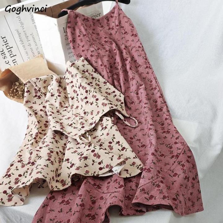 Sleeveless Dress Women Print Floral Spaghetti Strap Elastic Corduroy Sweet Students Beach Dresses High Street Style Simple Chic