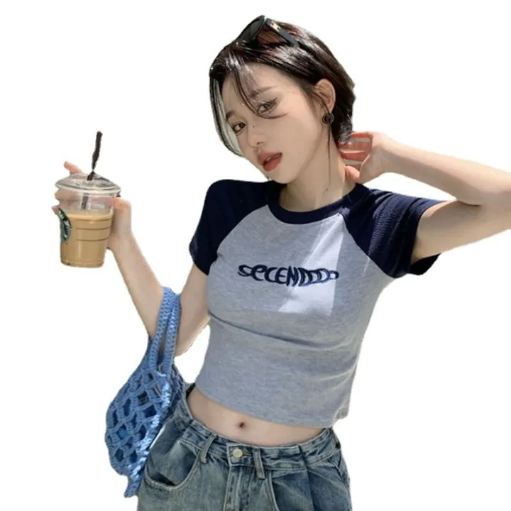 Short%20Sleeve%20T%20Women's%20Summer%20T-shirt%20ins%20Tide%202024%20New%20Style%20Short%20Western%20Style%20Tight%20Waist%20Shirt%20Thread%20Hot%20Girl%20Slim%20Top%20-%20Image%205