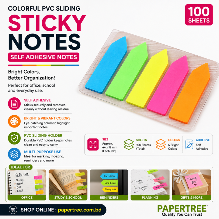 Colorful PVC Sliding Sticky Notes 100 Sheets Self Adhesive Notes for Office School Use