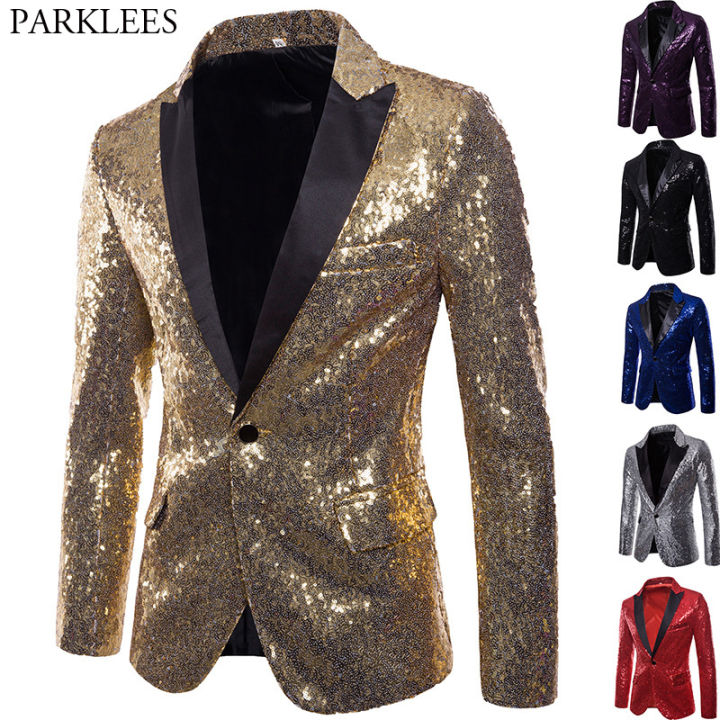 Shiny Gold Sequin Glitter Embellished Blazer Jacket Men Nightclub Prom Suit Blazer Men Costume Homme Stage Clothes For singers Wearhouse