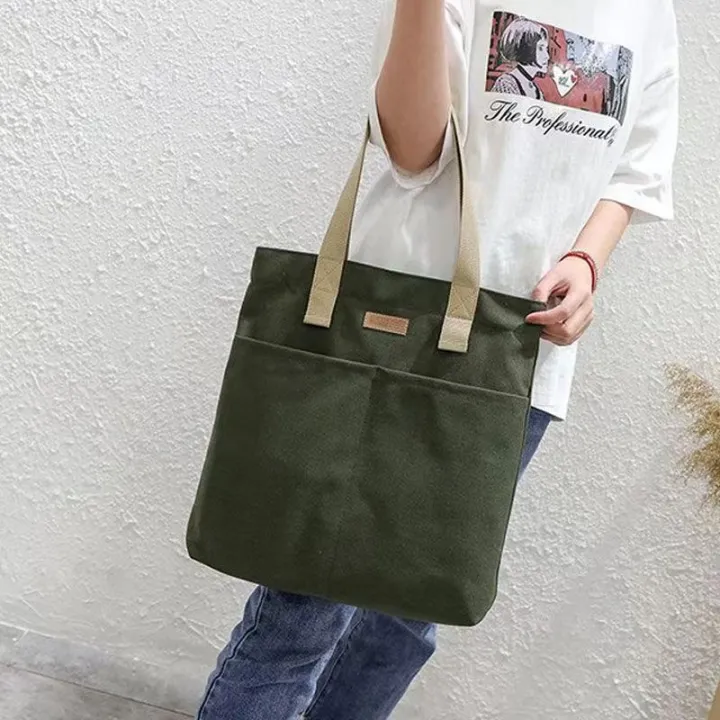 TAG%20Lifestyle%20Canvas%20Tote%20Bag/Fashionable%20Top%20Handle%20Olive%20Green%20Color%20With%202%20Big%20Outside%20Pocket%20and%20Zipper%20Enclosure%20for%20girls%20For%20University/College/Trendy%20Fashionable%20Women%20-%20Image%202