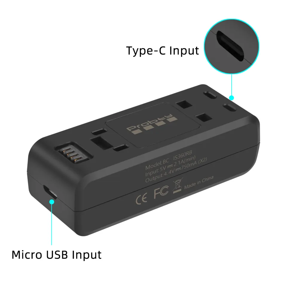 Chargeur Double Pour Insta360 One RS/R – Avec Câble Micro-USB/Type-C, LED Rouge/vert, Charge 2 Batteries
