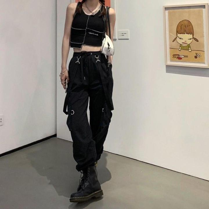 Gothic Cargo Pants Women Black High Waisted Pants Hippie Streetwear Kpop Oversize Mall Goth Trousers For Female BQ