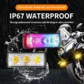 Waterproof 12V Motorcycle LED Spotlight Super Bright White Yellow Headlight 3 Eyes Lens RGB with Red Blue Strobe Flashing Fog Driving Light. 