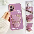 FELMYST Hello Kitty Holder Case For Realme 9i 5G Fashion Cute kitten Mirror Brand Luxury Stand Mobile Phone Casing Square Girl Boy Men Gift Shockproof Back Soft Cover.