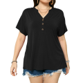 Females Short Raglan Sleeves Dressy Plus Size Women's Tops Casual Button Up V-Neck Tunic Shirts (1X-4X).