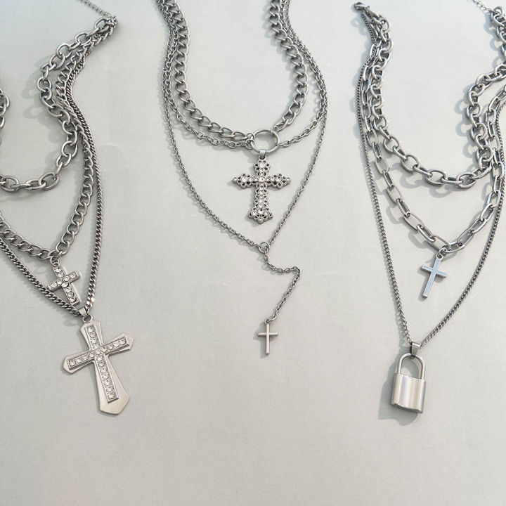 Hot Selling Alloy Vintage Pearl Cross Pendant With Punk Versatile Multi-layer Sweater Necklace For Women and Men