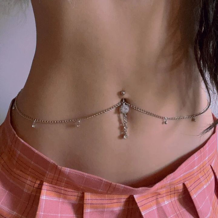 Women Rhinestone Dangle Belly Button Chain Navel Piercing Ring Body Jewelry Waist Chain Button Summer Beach Jewelry