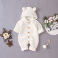 Newborn Baby Winter Hoodie Romper, Long Sleeve Knitted Solid Color Button Jumpsuit. 