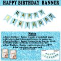 Happy Birthday Decoration Combo Pack – With Light Blue Paper Birthday Banner, Silver Foil Backdrop Curtain, Blue, Black & Silver.