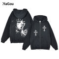 Y2K Zip Up Hoodie for Men Cross Print Loose Long Sleeve Pullover Women Retro Harajuku Sweatshirts Oversized Goth Hip Hop Jacket. 