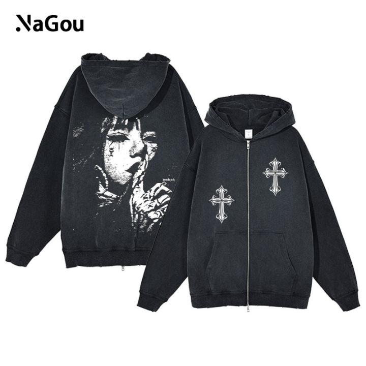 Y2K Zip Up Hoodie for Men Cross Print Loose Long Sleeve Pullover Women Retro Harajuku Sweatshirts Oversized Goth Hip Hop Jacket