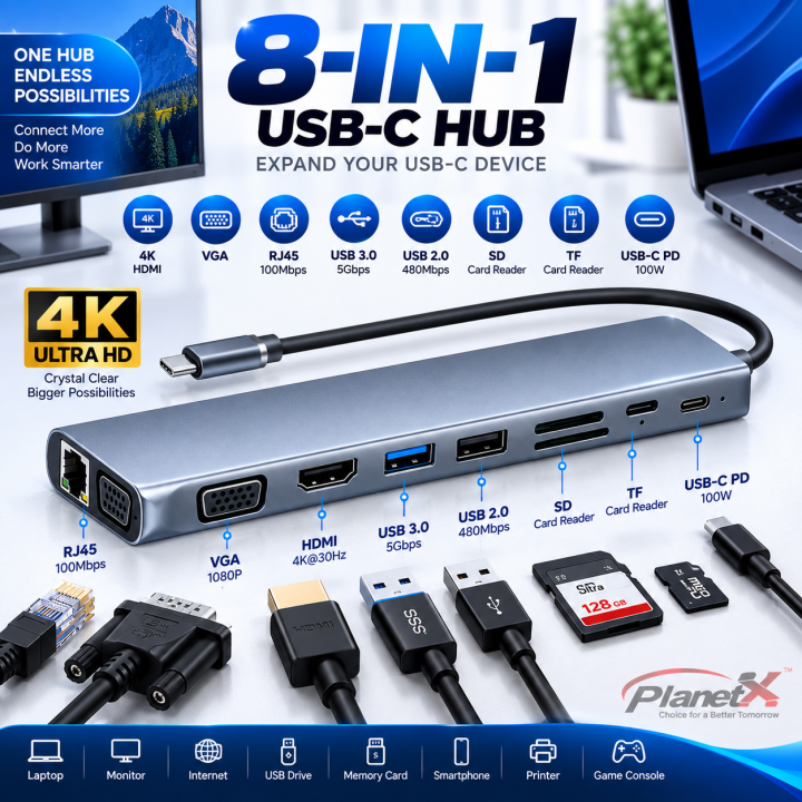 USB C HUB 8 in 1 USB C Adapter with 4K HDMI 100W PD USB 3.0 RJ45 Ethernet SD/TF Card Reader MacBook pro air ipad