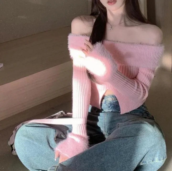 2023%20Autumn%20and%20Winter%20New%20Stitching%20off-Shoulder%20Long%20Sleeve%20Split%20Sweater%20Sweater%20Top%20Sweet%20Women's%20Clothing%20-%20Image%207
