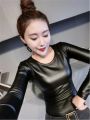 Korean Fashion 2020 Autumn and Winter New Fashion Turtleneck Solid Color PU Leather Long-sleeved Fleece Jacket Slimming Top. 