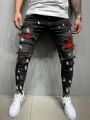 Men Jeans Knee Hole Ripped Stretch Skinny Denim Pants Beggar Patches Black Blue Spring Autumn Hip-Hop Style Slim Fit Trousers.