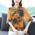 New Chinese Style Chinese Knot Button Shirt Women's Short-Sleeved Summer round Neck Mom's Shirt Xiang Yun Printed Tang Suit Upper Clothes Fashion.
