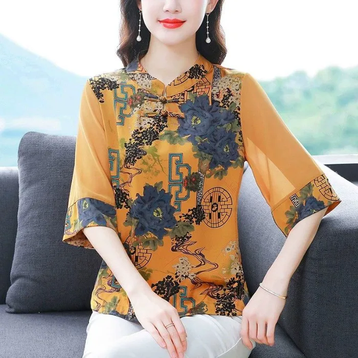 New%20Chinese%20Style%20Chinese%20Knot%20Button%20Shirt%20Women's%20Short-Sleeved%20Summer%20round%20Neck%20Mom's%20Shirt%20Xiang%20Yun%20Printed%20Tang%20Suit%20Upper%20Clothes%20Fashion%20-%20Image%206