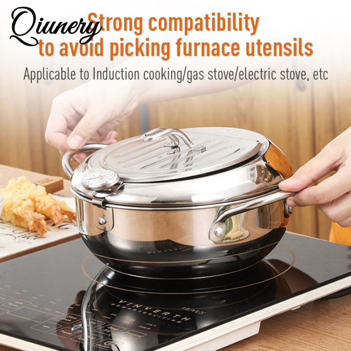 Deep Fryer Pot Tempura Frying Pan 304 Stainless Steel Flat Bottom Japanese Style Cookware W/Lid & Temperature Control Thermometer