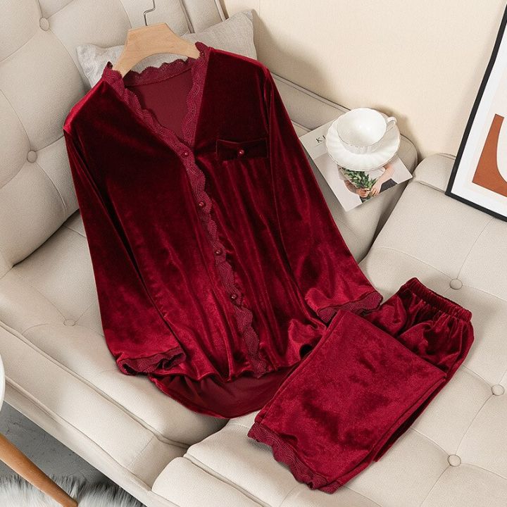 Velvet%20Pajamas%20Women%20Autumn%20Winter%20Sleepwear%20Long%20Sleeve%20Casual%20Nightwear%20Pyjamas%20Suit%20Loose%20Home%20Clothes%20Lace%20Trim%20Sleep%20Set%20-%20Image%204