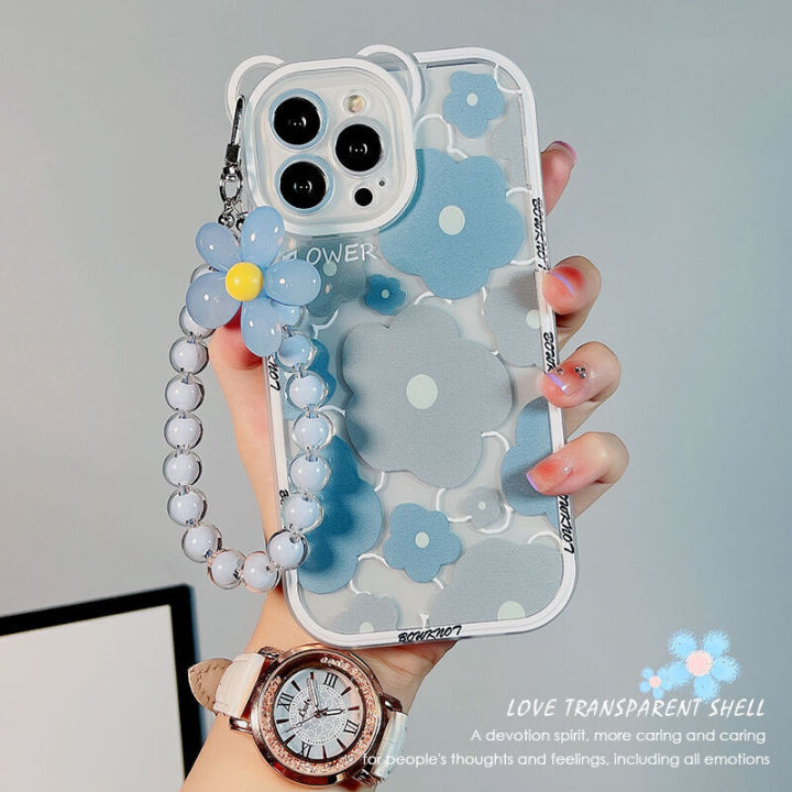 Cute 3D Rainbow Bear Ear Flower Transparent Hang Phone Chain Silicone Case for iphone 15 14 Pro Max 13 12 11 X XR XS Soft Cover