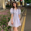 Milk blue dress for women in summer 2024, new small stature with bubble waist up, short sleeves, polo, chic little skirt. 