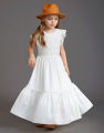 GC Girls Short Sleeve Lace Applique Dresses Casual Zipper Solid Color Long Skirts Summer Maxi Dress For Ceremony.