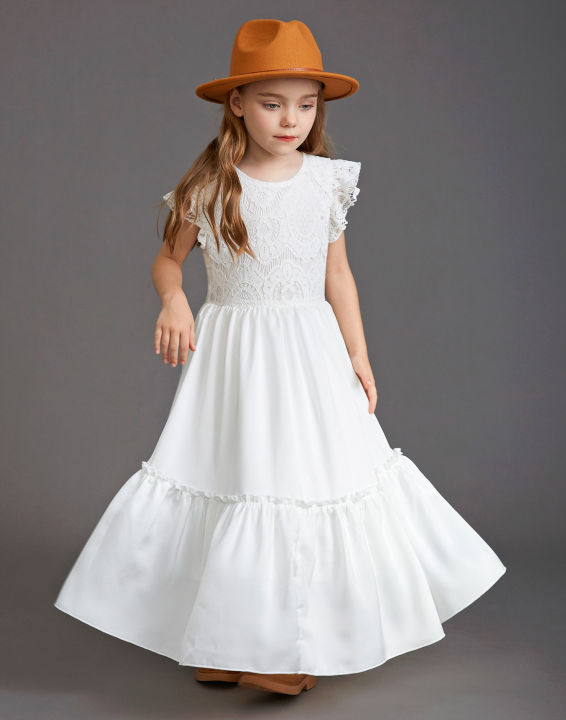 GC%20Girls%20Short%20Sleeve%20Lace%20Applique%20Dresses%20Casual%20Zipper%20Solid%20Color%20Long%20Skirts%20Summer%20Maxi%20Dress%20For%20Ceremony%20-%20Image%202