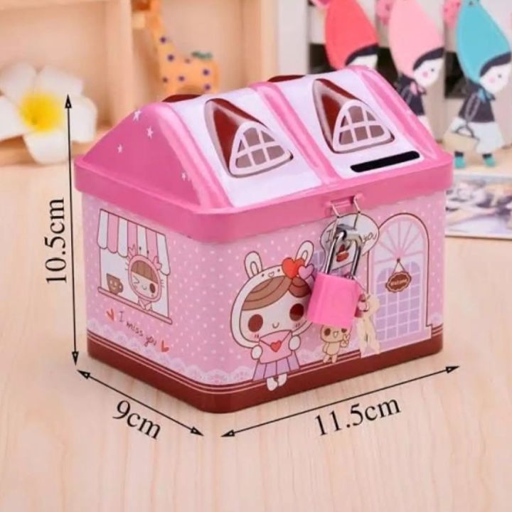 Metal House Shaped Coin Box for Kids, Money Boxes Metal House Shape Bank Coin Safe Storage Box with Lock