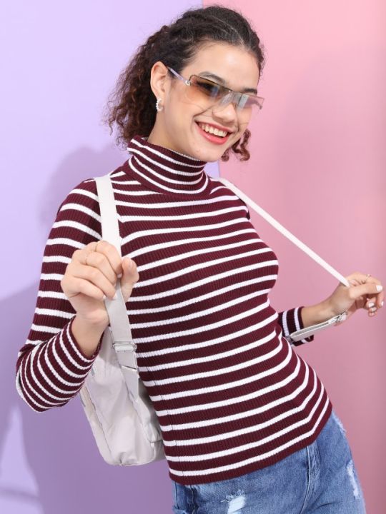 Pantoneclo Premium Quality Women's High Neck Winter Large Stripe Sweater