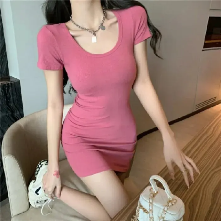 Women's%20U%20Neck%20Summer%20Dress%20High%20Waist%20Pure%20Color%20Slim%20Waist%20Short%20Sleeve%20Hip%20Dress%20Elegant%20-%20Image%206