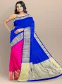 Blue Color Hand Print Silk  Saree For Women - Sari. 