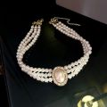 Vintage Medieval Double Layered Pearl Choker Necklace White Green Pearl Earrings Necklace Set.