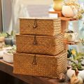 Handmade Straw Woven Storage Basket with Lid Makeup Organizer Storage Box Seagrass Laundry Baskets Rattan Jewelry Box(M).