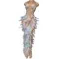 Nightclub Party Celebration Feather Rhinestone Dress Women Elastic Sleeveless Prom High Slit Dress Stage Performance Outfit. 