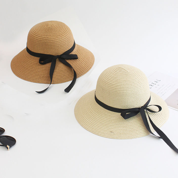 Summer women's sunshade straw hat black ribbon bow big brim hat Japanese adult pot hat women's sunscreen fold
