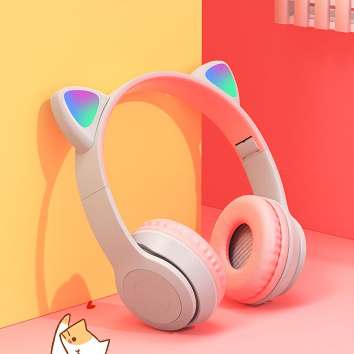 Headphones RGB Cute Cat Wireless Kids Headphones with Mic, Stereo PC Gamer Headsets for Girls Children Mobile Phone Gaming Earphone Bluetooth