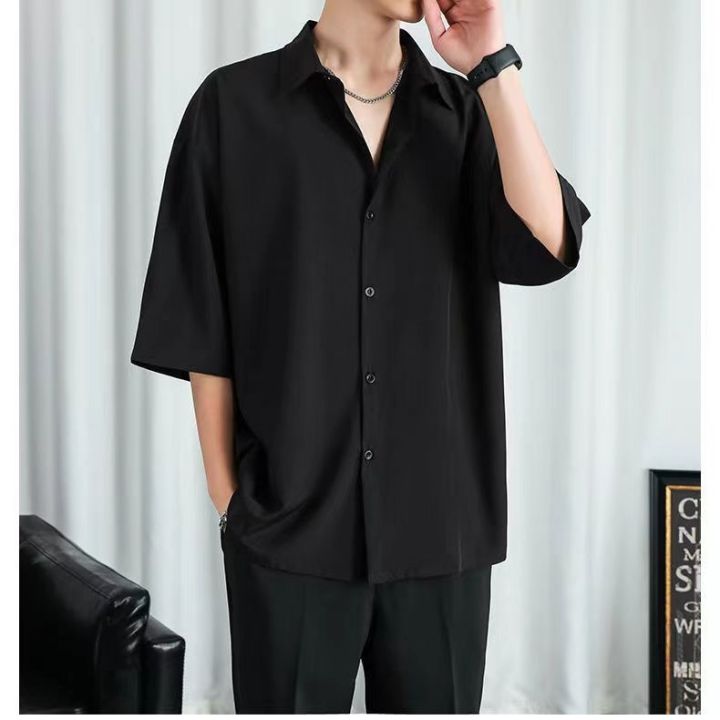 Ice%20Silk%20Shirt%20Men's%20Thin%20Hong%20Kong%20Style%20Ruffle%20Handsome%20High-Grade%20Draping%20Jacket%20Loose%20Half%20Pure%20Color%20All-Matching%20Shirt%20-%20Image%205