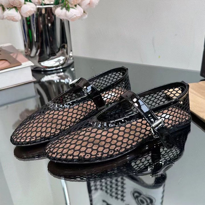 Luxury Ballet Flat Shoes Woman Mesh Hollow Outs Mary Jane Shoes Genuine Leather Loafers Rivet Studded Summer Walking Shoes Women House Foocus
